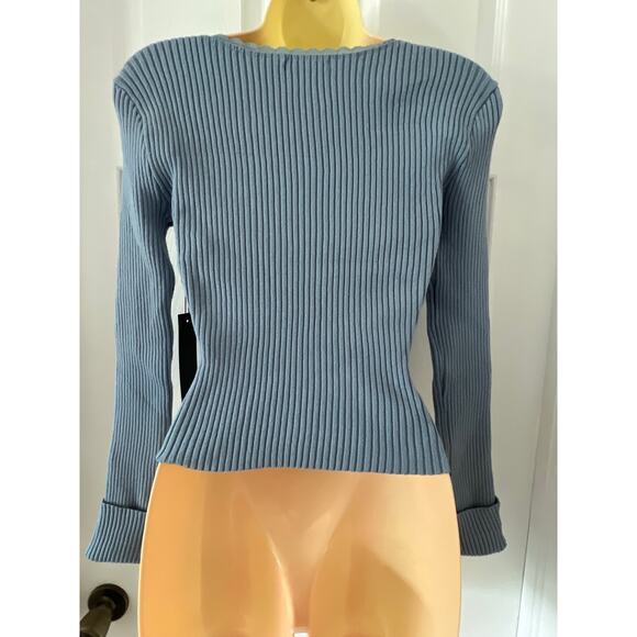 Emerson Lang- Blue Ribbed Knit Sweater Lace Neck Edge Size Small NWT - Picture 2 of 9